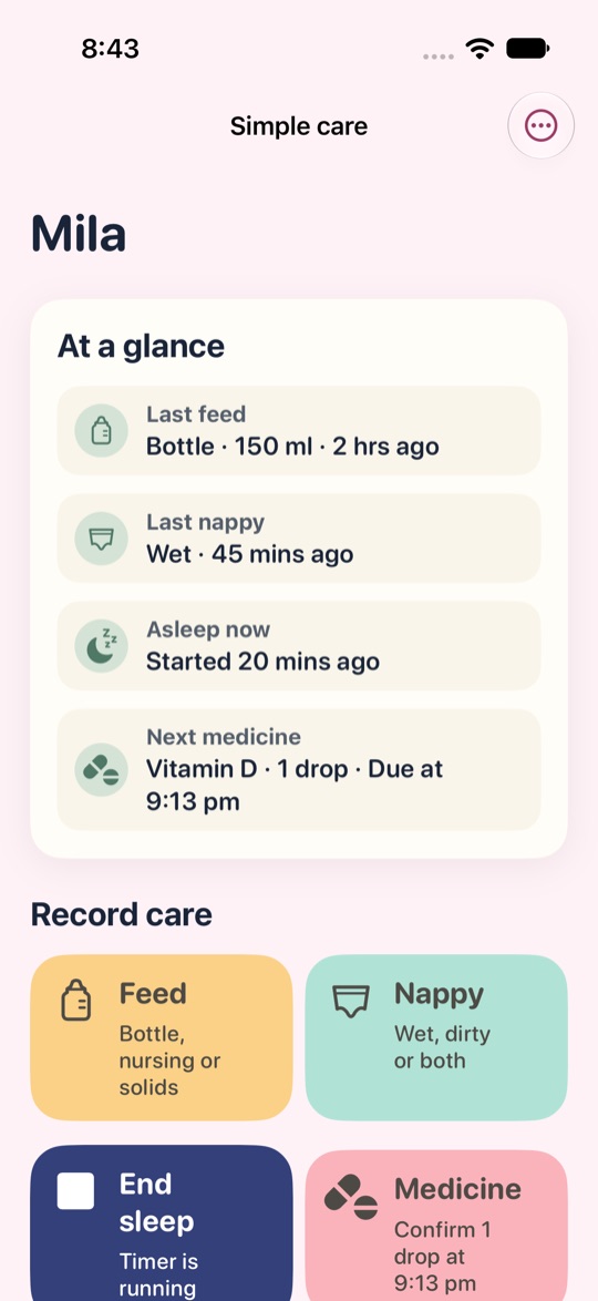 Simple care mode with large Feed, Nappy, Sleep and Medicine buttons